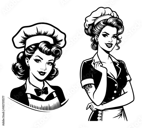 retro waitress and chef woman vintage black and white vector illustration