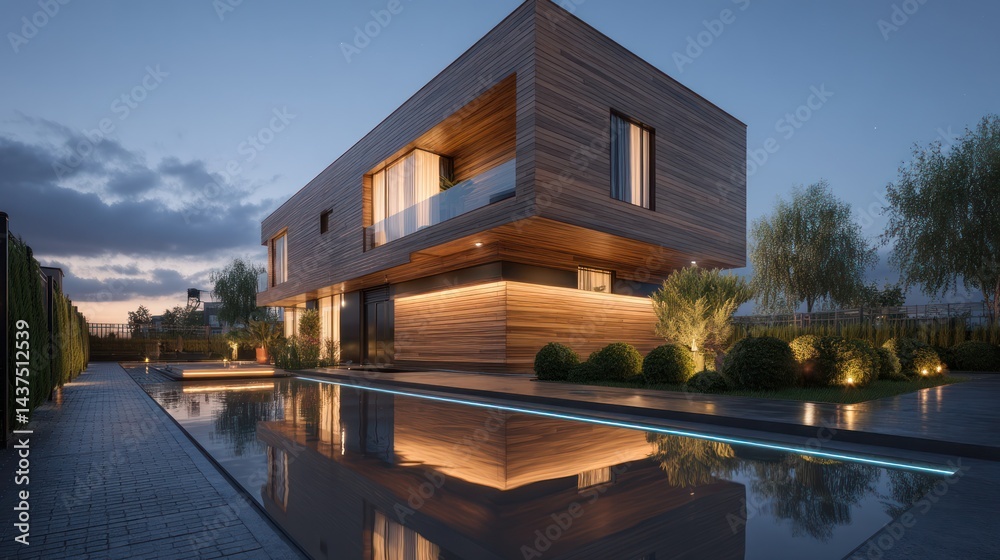 Fototapeta premium Modern wooden home by a pool at twilight