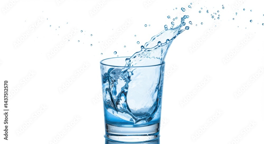 A clear glass with water splashing out of it against a white background in a studio setting