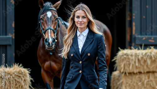 Woman with horse walking confidently in barn setting  
