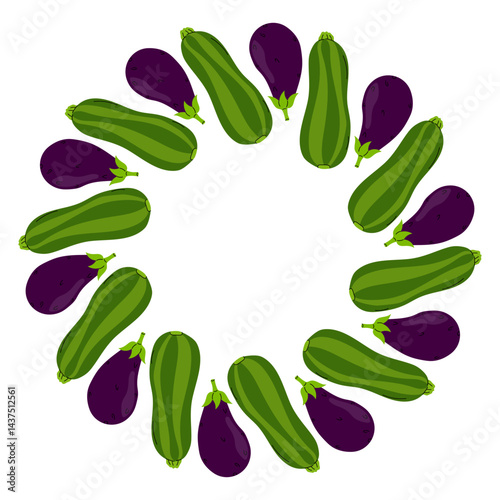 Round frame of zucchini and eggplant on a white background. Food illustration, healthy eating.