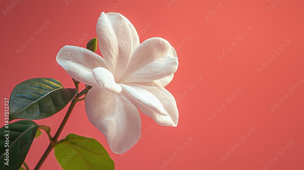 Fototapeta premium Elegant single white gardenia bloom against a coral backdrop showcases floral beauty