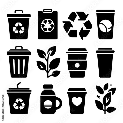 "Recycling and Eco-Friendly Icons – Black Silhouette Collection"