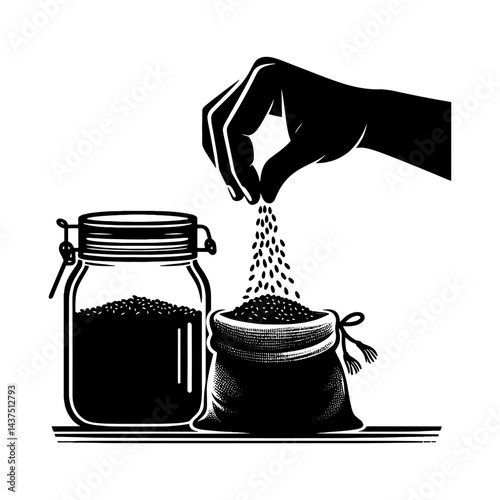 Hand Dropping Grains into Sack with Storage Jar Vintage Black and White Illustration
