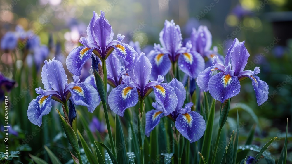 Cluster of Purple Irises with Dew and Warm Light in Garden Scene Cluster of Purple Irises with Dew and Warm Light in Garden Scene
