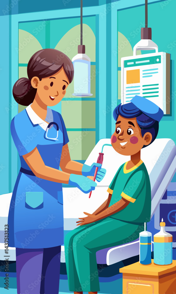 Enfermera en el hospital cuidando a un paciente en la cama, profesional de la salud ayudando a un paciente enfermo en la sala médica.
