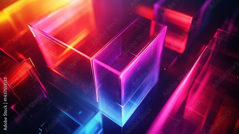 Obraz premium Abstract digital background with overlapping translucent geometric shapes in vibrant neon tones, cyberpunk aesthetic and futuristic glowing effects.