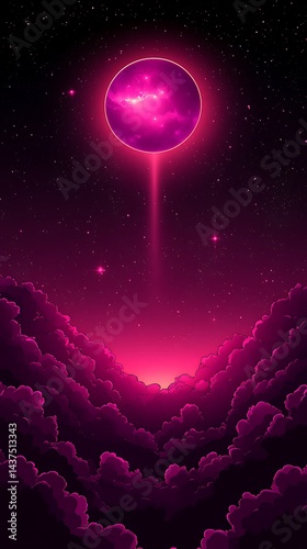 Glowing pink celestial body beams light onto cloudscape