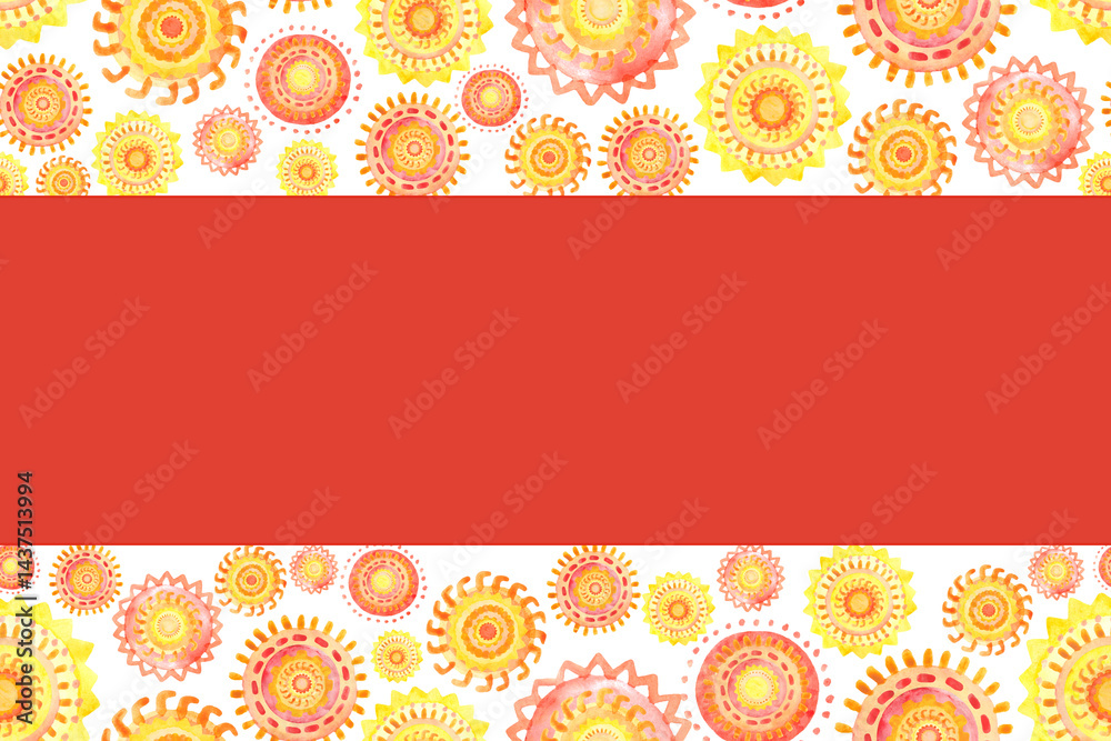 Seamless border of watercolor suns. Summer background for postcards, greetings and invitations