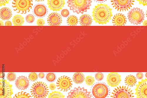 Seamless border of watercolor suns. Summer background for postcards, greetings and invitations
