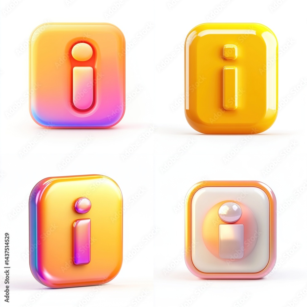 Four 3D rendered info icons; vibrant, glossy, square buttons with variations in color and style. Four 3D rendered info icons; vibrant, glossy, square buttons with variations in color and style.