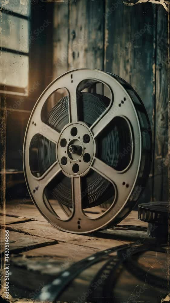 Vintage film reel spinning within dusty, forgotten space, evoking nostalgia and the golden age of cinema.