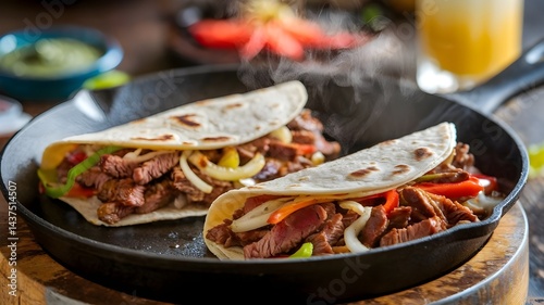 Delicious Beef Fajitas Served in a Cast Iron Skillet with Colorful Vegetables