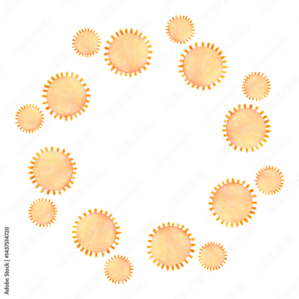 Round frame of watercolor suns on a white background. Summer sunny decor element.