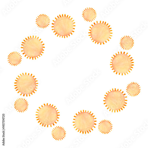 Obraz na płótnie Round frame of watercolor suns on a white background. Summer sunny decor element. w salonie