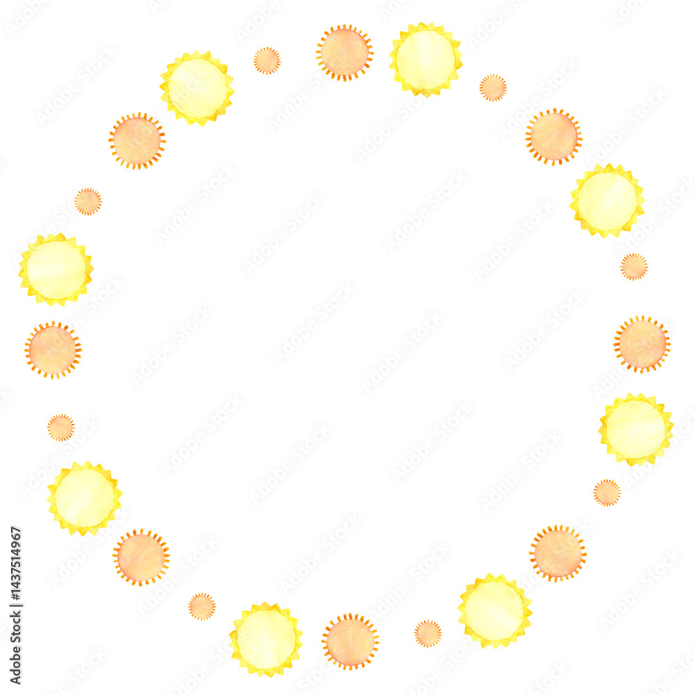 Round frame of watercolor suns on a white background. Summer sunny decor element.