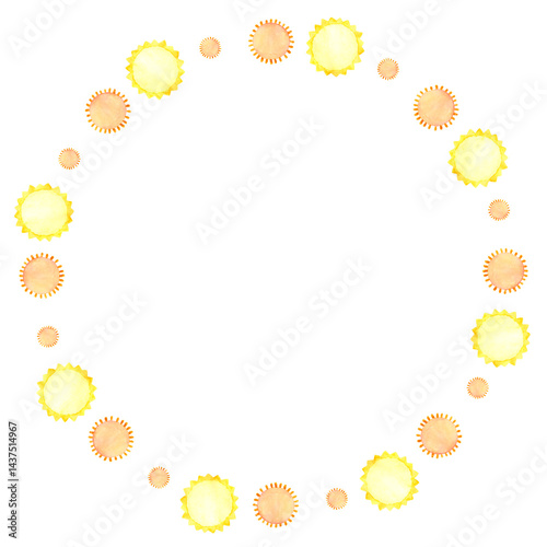 Obraz na płótnie Round frame of watercolor suns on a white background. Summer sunny decor element. w salonie