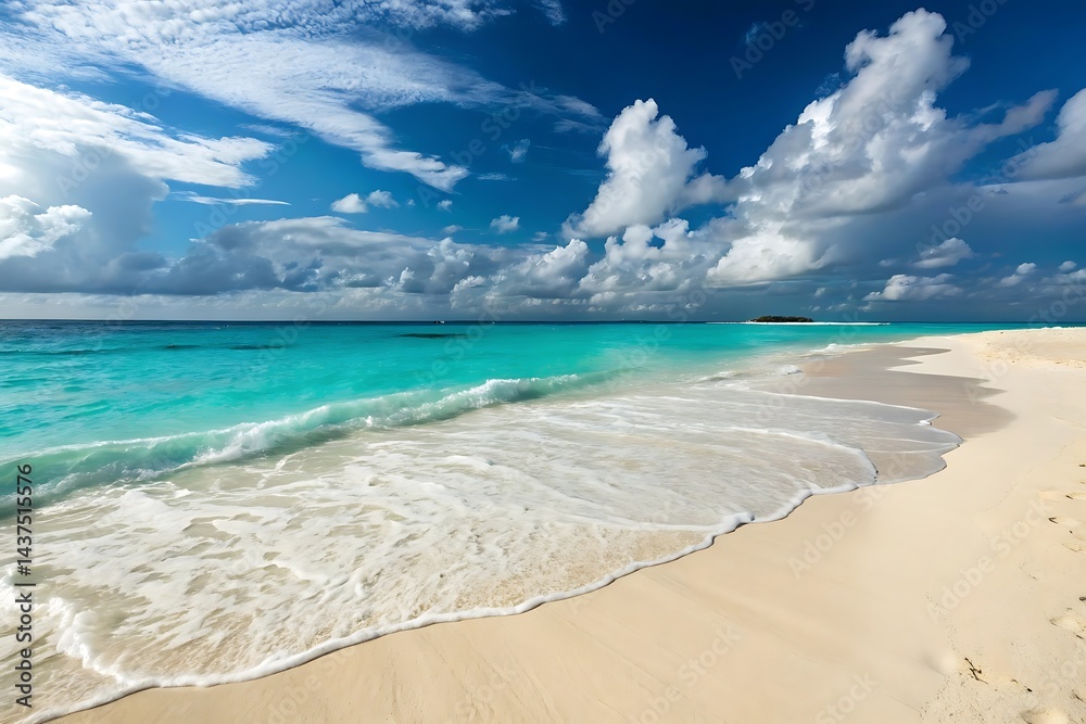 Fototapeta premium Tropical beach with blue sky and calm waves on a sunny summer day.