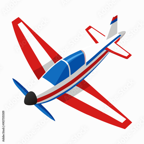 Cartoon image of a small red white and blue airplane on white