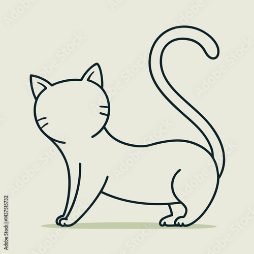 Simple cartoon line art illustration of a cute kitten with elegant tail