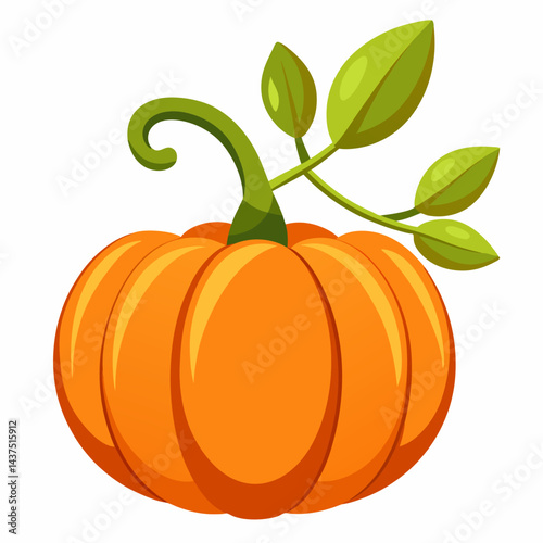 Cute cartoon pumpkin with green leaves and swirl for autumn harvest