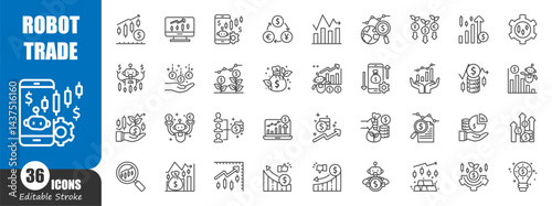 Robot trade and stock market . Financial outline icon . Editable stroke . Vector .