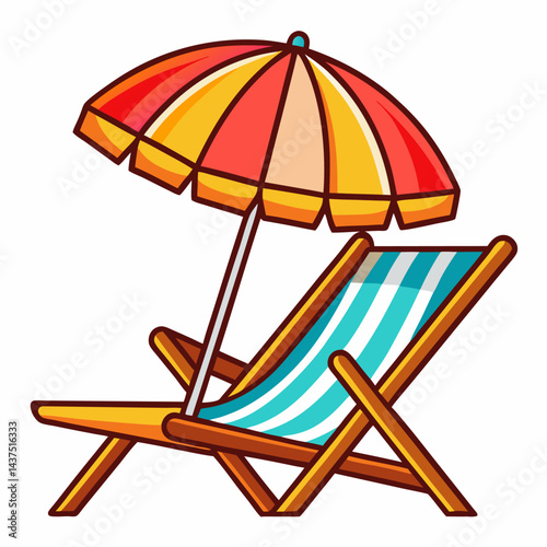 Cartoon beach chair with colorful umbrella illustration depicting summer vacation relaxation