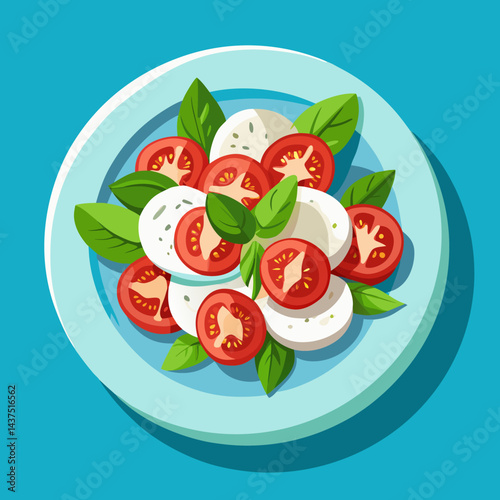 Fresh Caprese Salad Illustration on a Plate with Blue Background