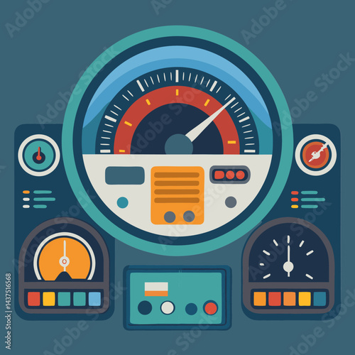 Retro spaceship control panel with analog gauges and colorful indicators