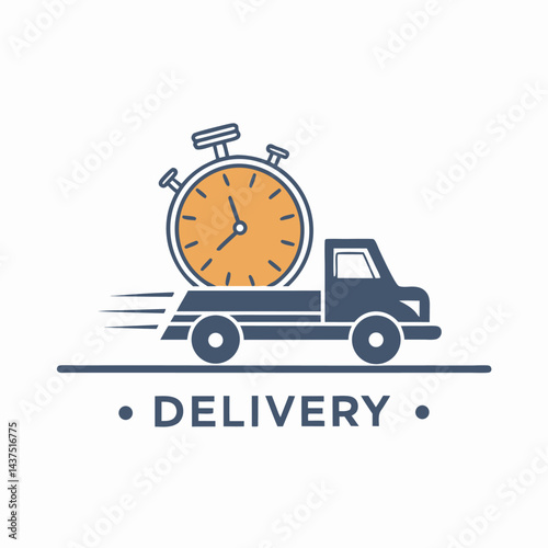 Stylized Truck with Stopwatch, Blue and Orange Colors, Motion Lines, Flat Design