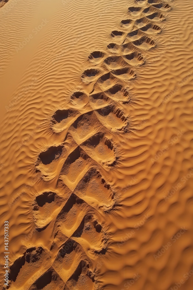 Footprints on desert sand dunes warm sunlight