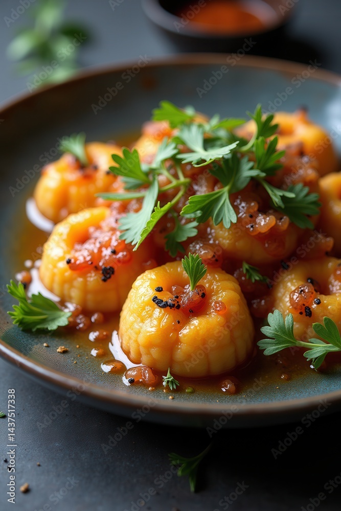 Savory saffron gnocchi garnished with parsley caviar