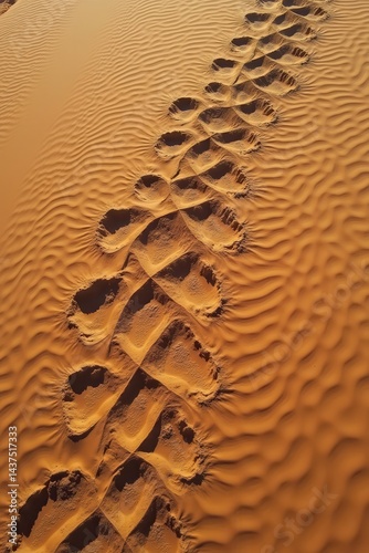 Footprints on desert sand dunes warm sunlight