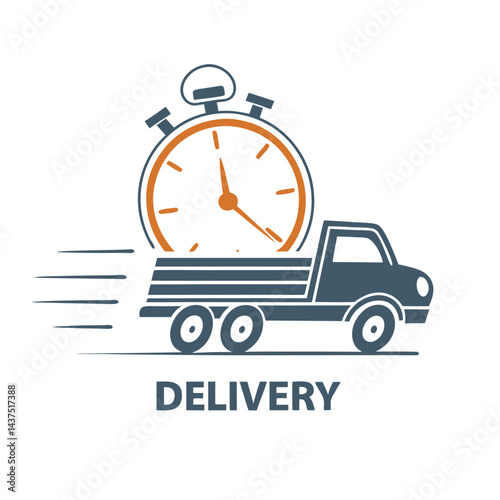 Stylized Car with Stopwatch, Moving Fast, Blue & Orange Outlines, White Background