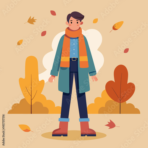 Cartoon illustration of a person in autumn attire among fall foliage