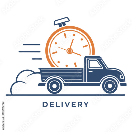 Pickup Truck with Timer, Fast Speed Effect, Blue Vehicle, Orange Clock, Minimalist Icon