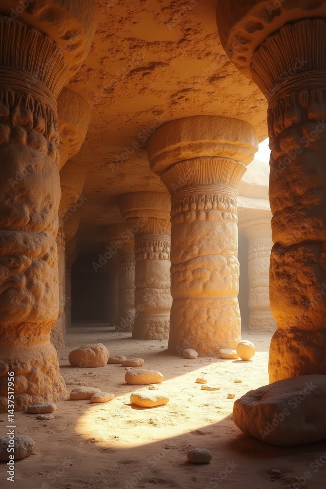Ancient cave temple with carved pillars in warm sunlight