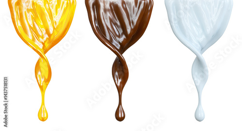 3D render illustration featuring glossy twisted liquid streams in vibrant  yellow, rich chocolate brown, and milky white colors with a clipping path