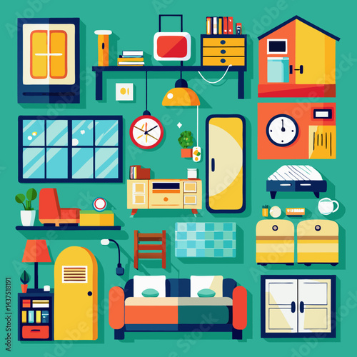 Cartoonish illustration of a room filled with various household objects and furniture