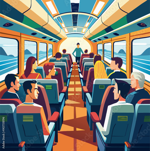 Stylized Illustration of Passengers on a Modern Train Car Interior View