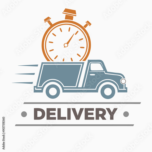 Abstract Blue Delivery Truck Icon with Brown Stopwatch on Cream Background Art