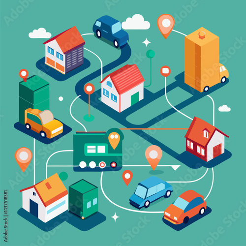 Isometric illustration of a delivery system network with houses, cars and trucks