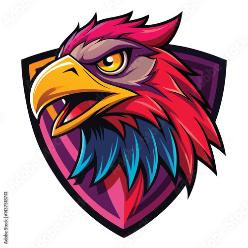 Colorful bird head emblem on a shield