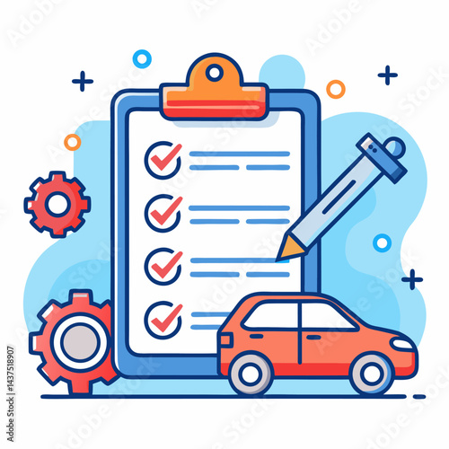 Cartoon illustration of vehicle maintenance and repair checklist with gears and pen