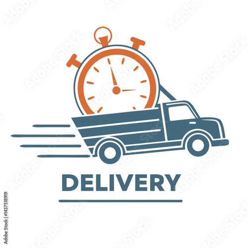 Blue Truck with Timer, Speed Lines, Last Mile Courier, Isolated Delivery Logo, Fast Service