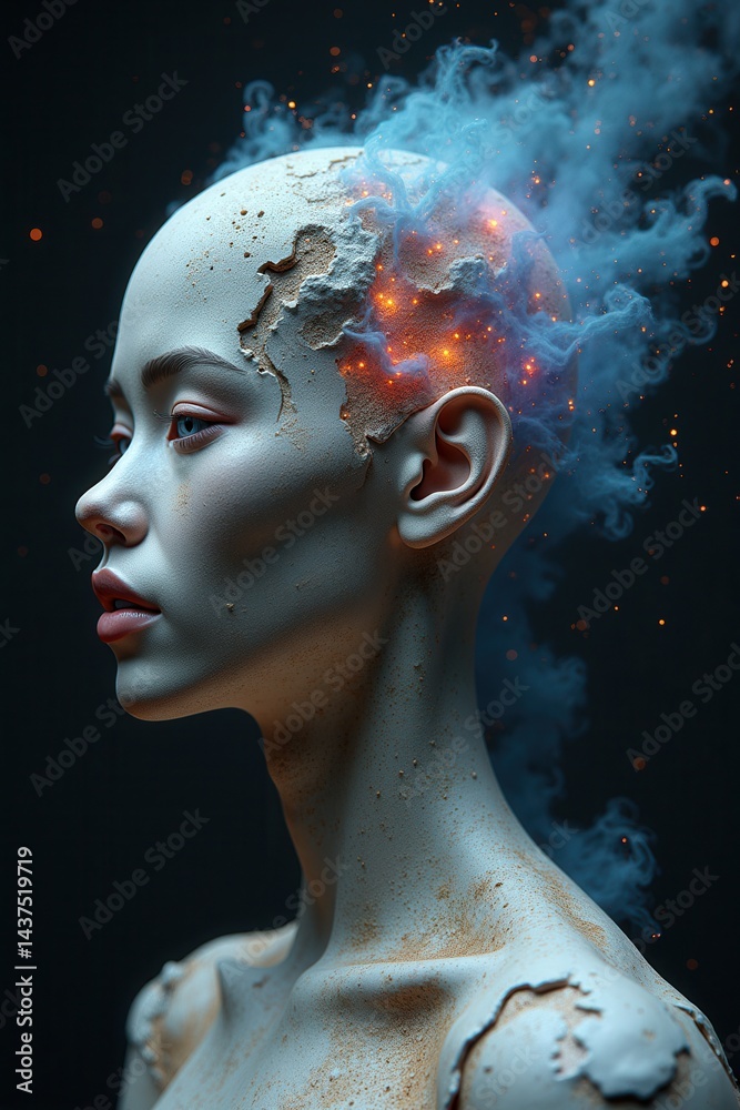 Surreal woman with glowing brain smoke
