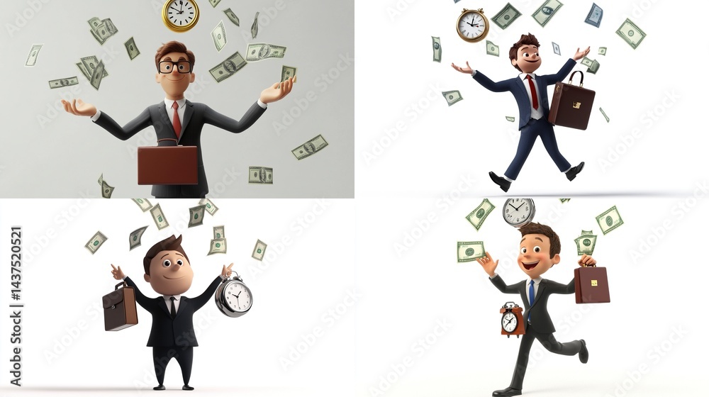 Cartoon businessman juggling money, time, briefcase. Cartoon businessman juggling money, time, briefcase.