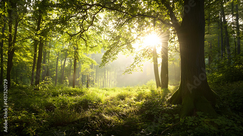 A forest with a tree in the foreground and a sun shining through the trees