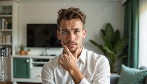 Thoughtful man contemplating in a cozy living room  