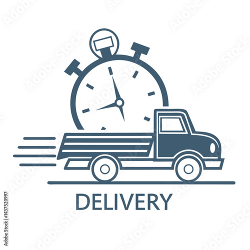 Truck Silhouette Speeding with Stopwatch Above, Isolated on White, Flat Minimal Design